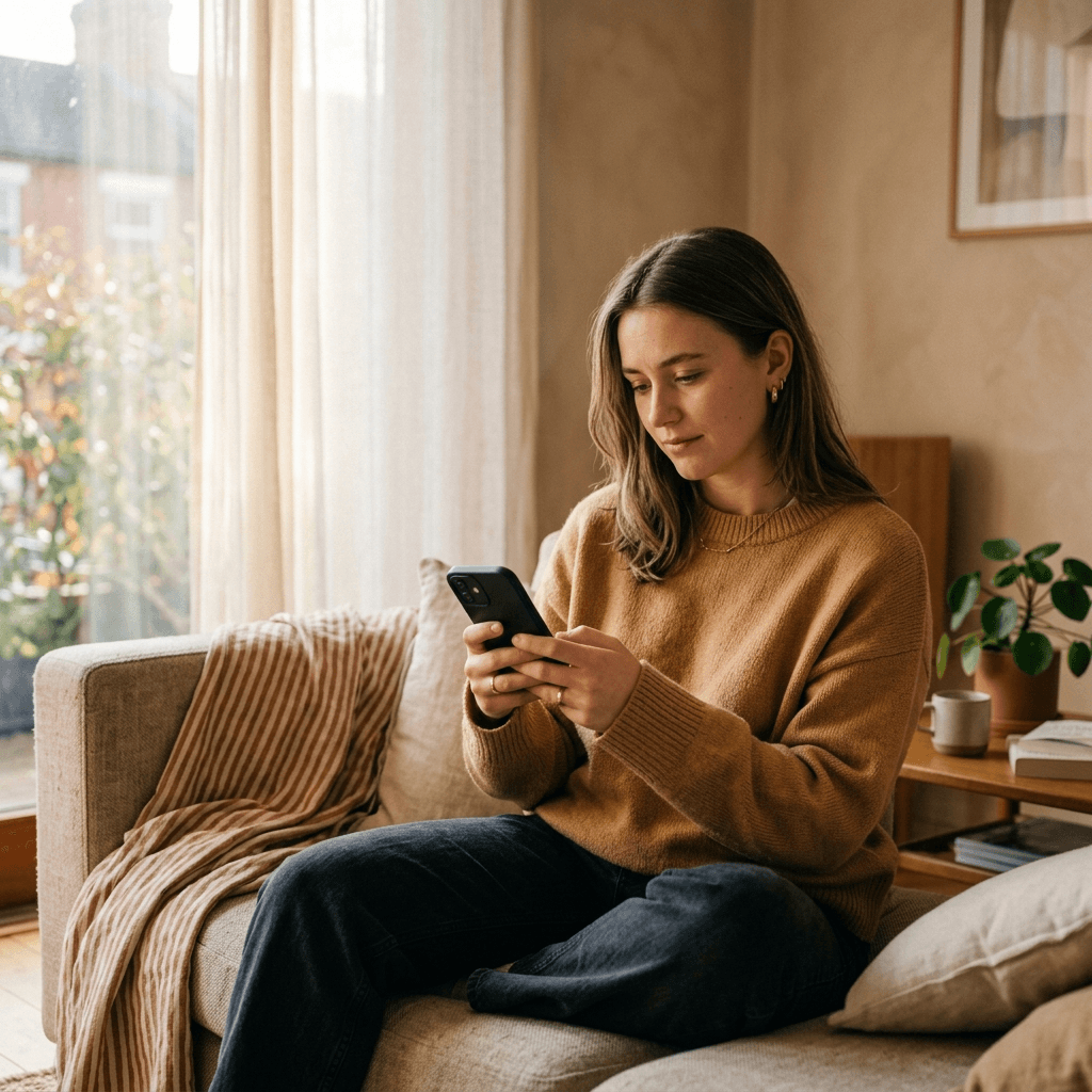 Жінка задумливо гортає фото на телефоні